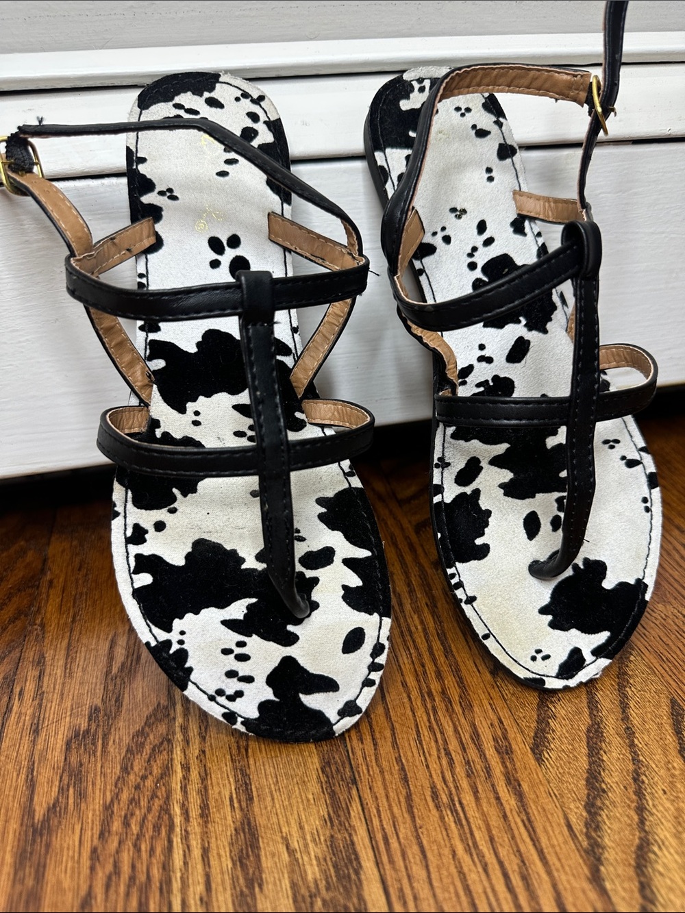 Qupid Black and White Cow Print Strappy Sandals